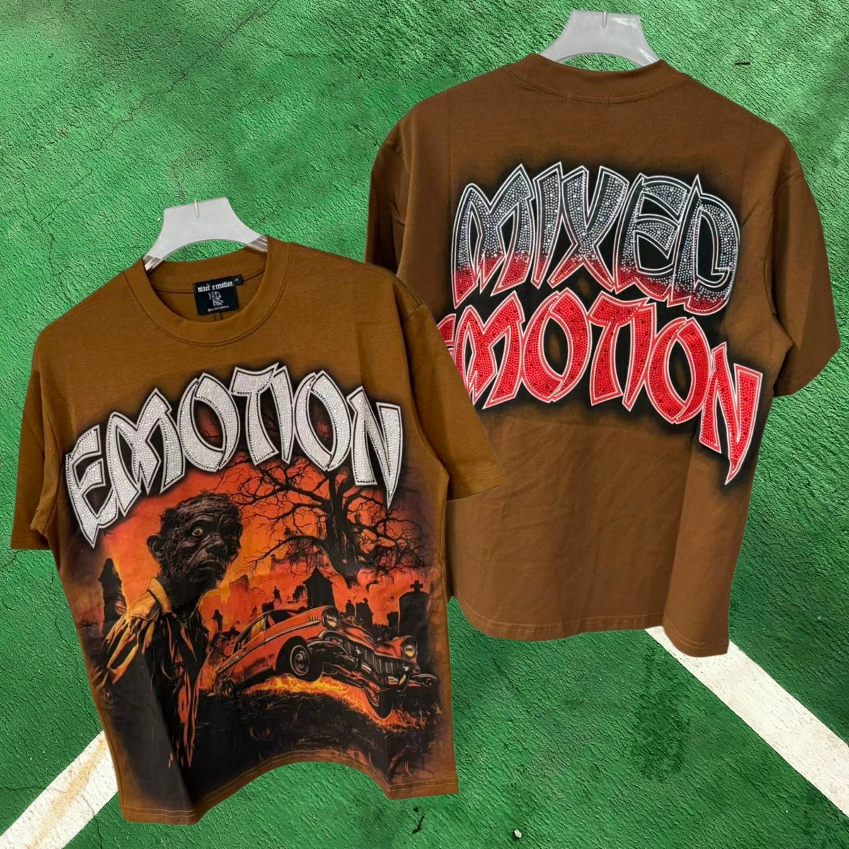 MIXED EMOTION Zombie Car Graphic Brown T-Shirt