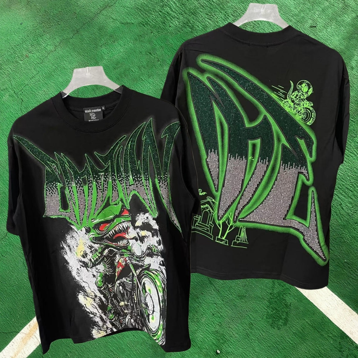 MIXED EMOTION Green Flame Rhinestone Graphic T-Shirt