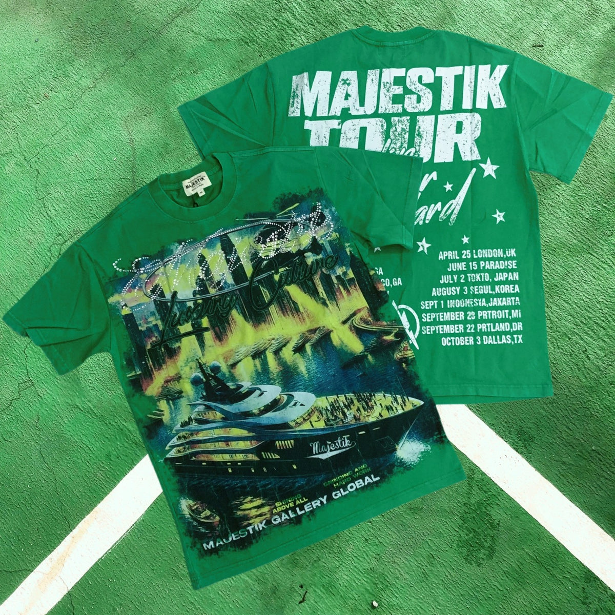 MIXED EMOTION Washed Green Yacht Tour Graphic T-Shirt