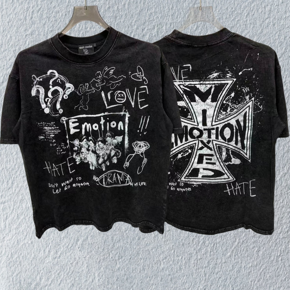 MIXED EMOTION Washed Black Emotions Graphic T-Shirt