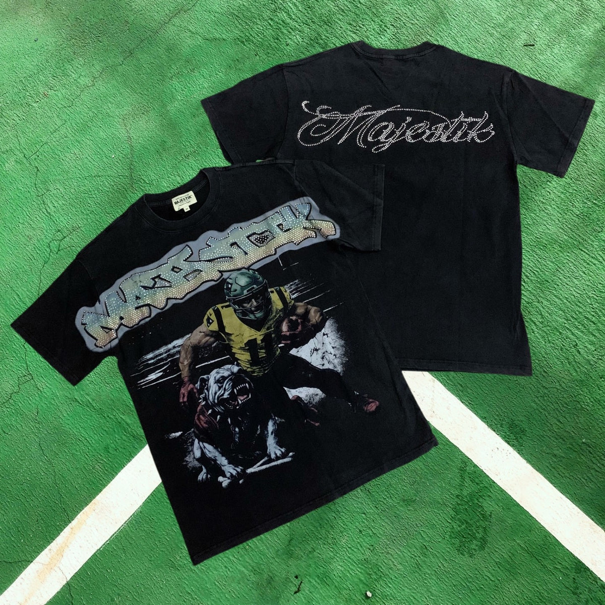 MIXED EMOTION Washed Black Bulldog Football Graphic T-Shirt